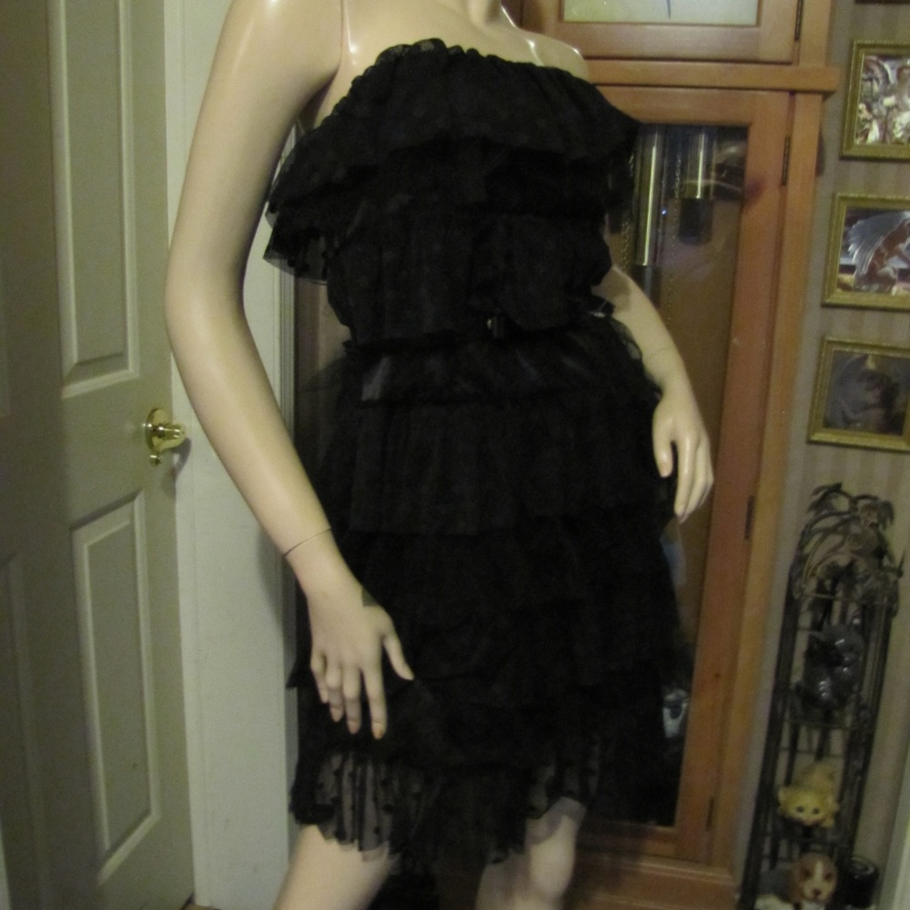 Kate Young Black Lace Mesh Tier Ruffled Dress sz 4